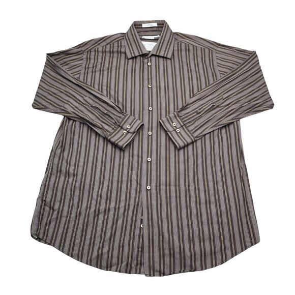 Calvin Klein Shirt Mens 17 Brown Striped Slim Fit Spread Collar Dress Button Up - Picture 1 of 16